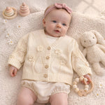 Load image into Gallery viewer, Baby Girl Cotton Cardigan, Floral Embroidered Knit Sweater, Wooden Buttons, Infant Toddler Outfit