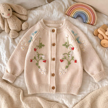 Strawberry Knit Kids Cardigan, Embroidered Girls Sweater, Cute Toddler Knit Cardigan, Floral Children Sweater, Cozy Fall Kids Outfit