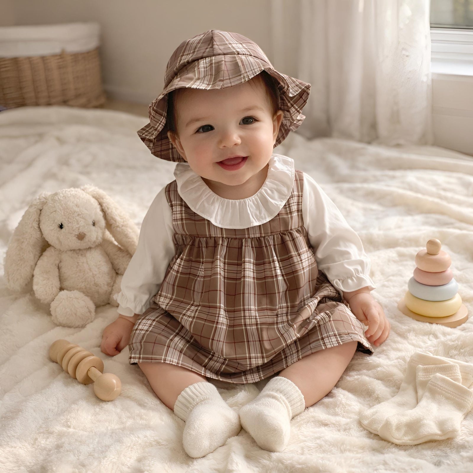 Baby Girl Checkered Romper, Peter Pan Collar, Hooded Cotton Outfit, Spring Autumn Toddler Clothes