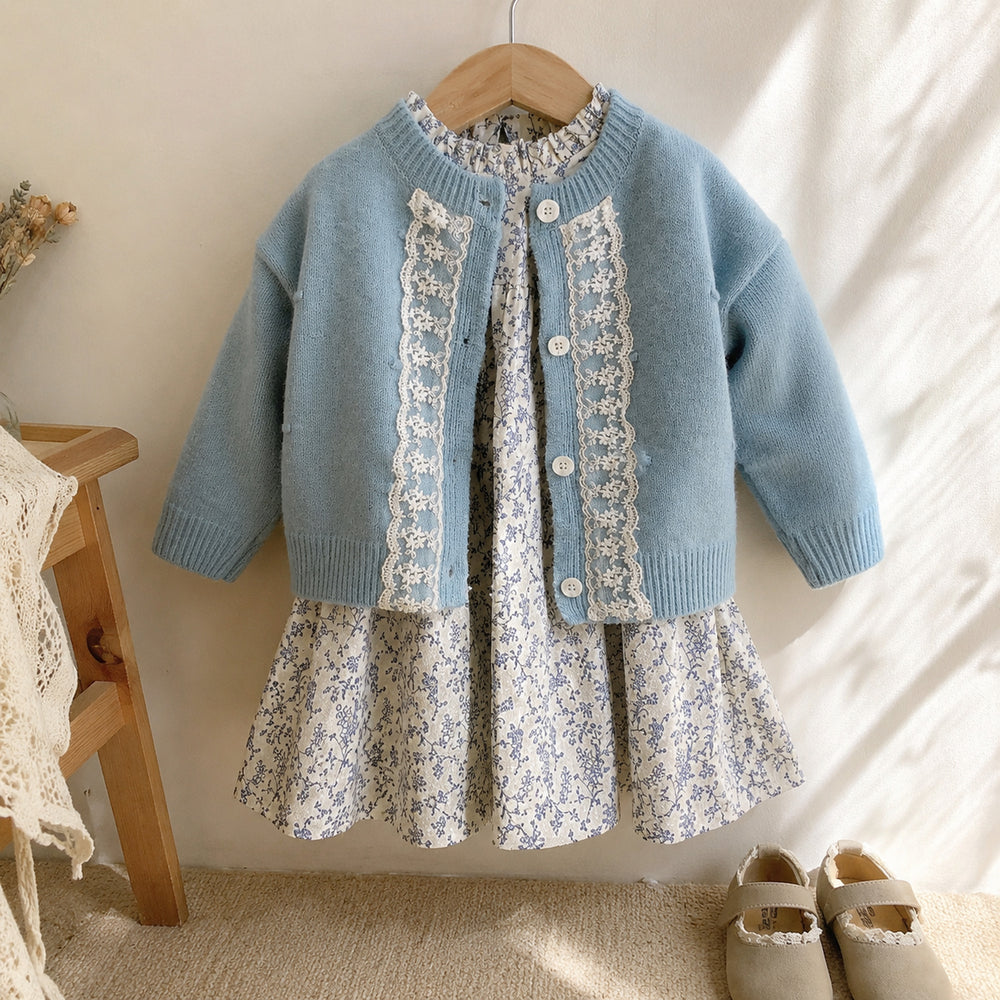 Girls Blue Lace Cardigan or Floral Dress, Cottagecore Fall Separates
