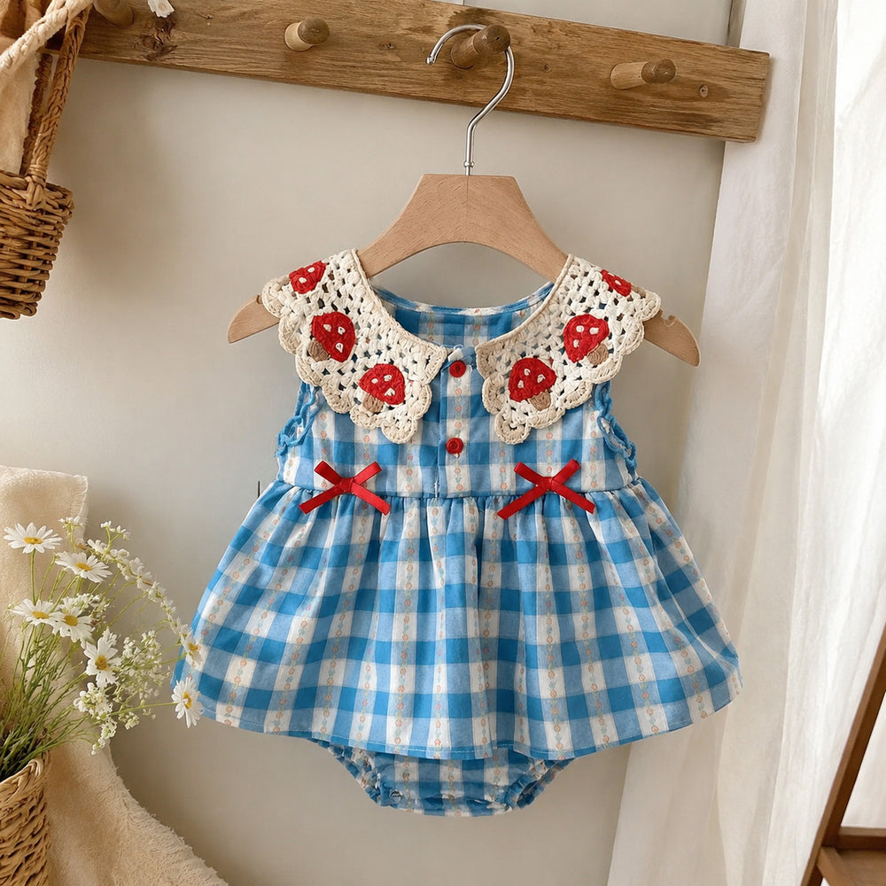 Baby Blue Gingham Romper Dress with Crochet Strawberry Collar and Red Bows