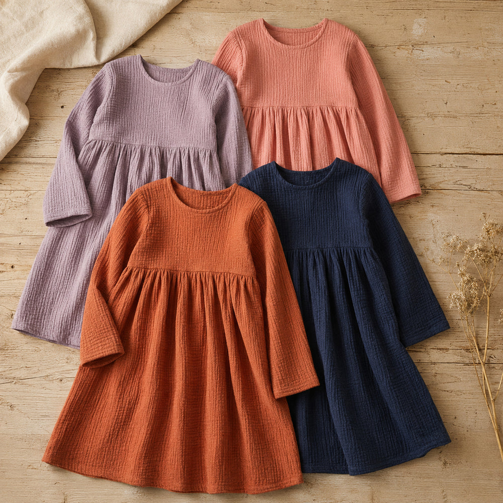 Girls Double Gauze Dress, Long Sleeve Cotton Toddler Fall Dress