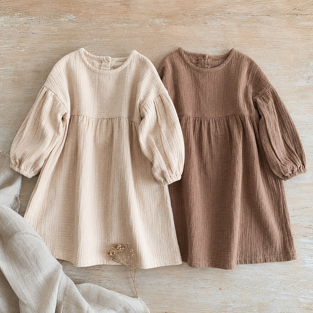 Girls Muslin Dress, Balloon Sleeve Cotton Linen Toddler Boho Dress