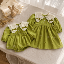 Green Embroidered Baby Romper or Dress with Ivory Lace Collar and Long Sleeves
