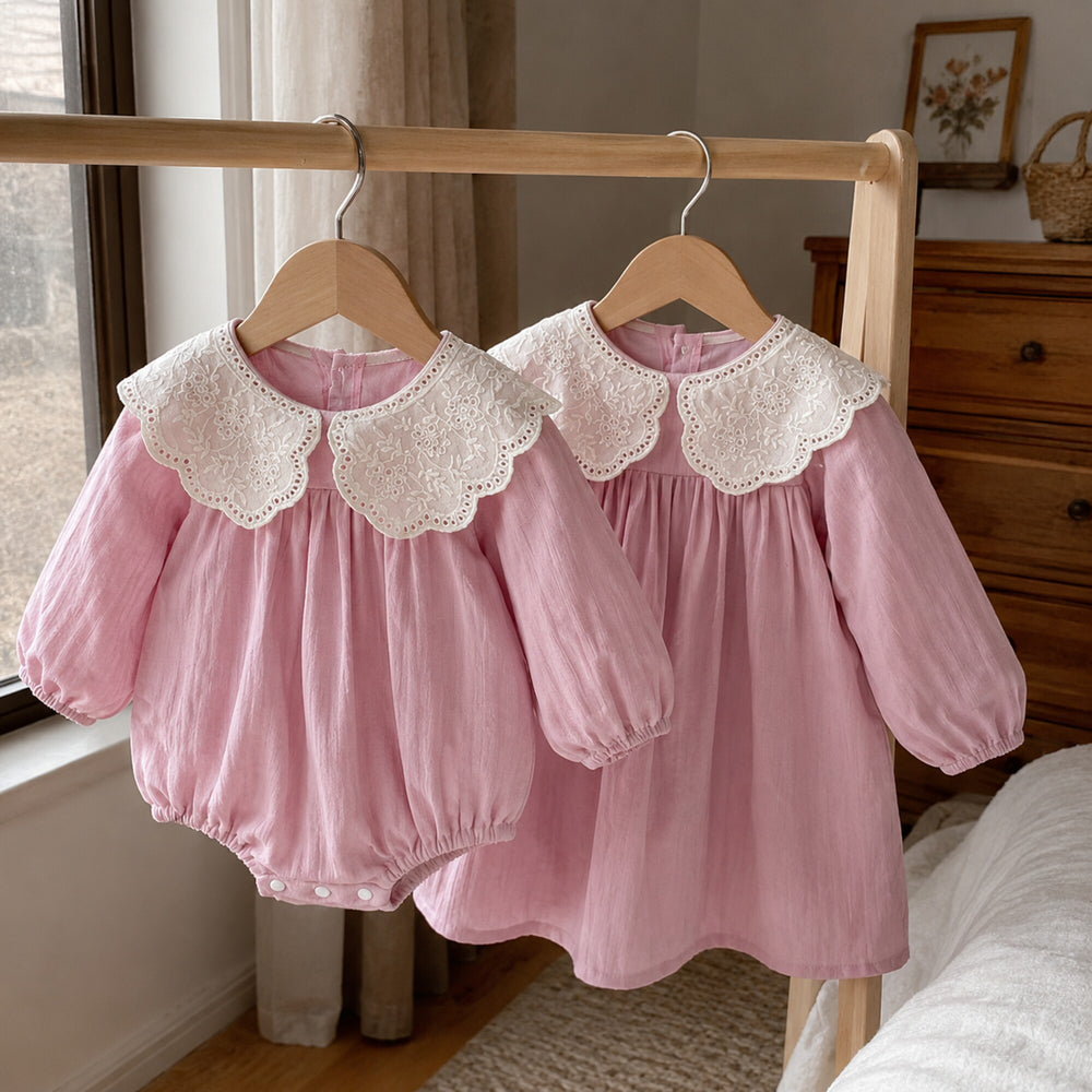 Girls Dusty Rose Lace Collar Dress or Baby Romper, Long Sleeve Fall Outfit