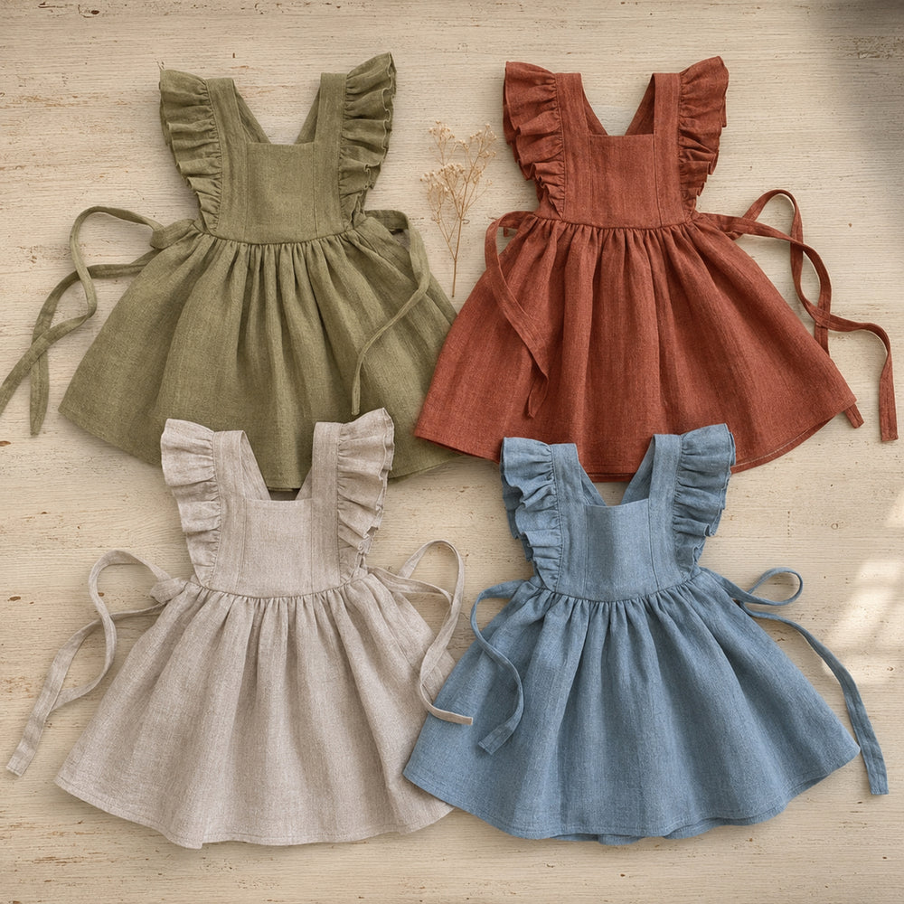Girls Linen Pinafore Dress, Ruffle Strap Tie Back Toddler Sundress