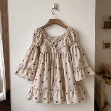 Girls Beige Floral Ruffle Dress, Long Puff Sleeve Fall and Back to School Outfit