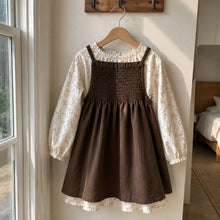 Girls Brown Smocked Pinafore and Floral Long Sleeve Dress, 2-Piece Fall Set