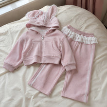 Girls Pink Bunny Ear Hoodie and Lace Ruffle Pants Set, 2-Piece Ribbed Outfit