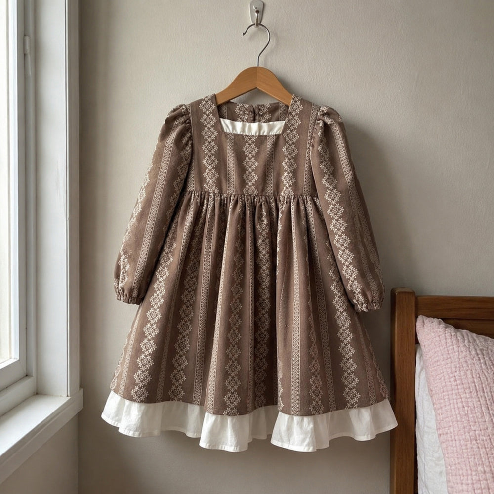 Girls Taupe Floral Puff Sleeve Dress with Square Neck and Ruffle Hem