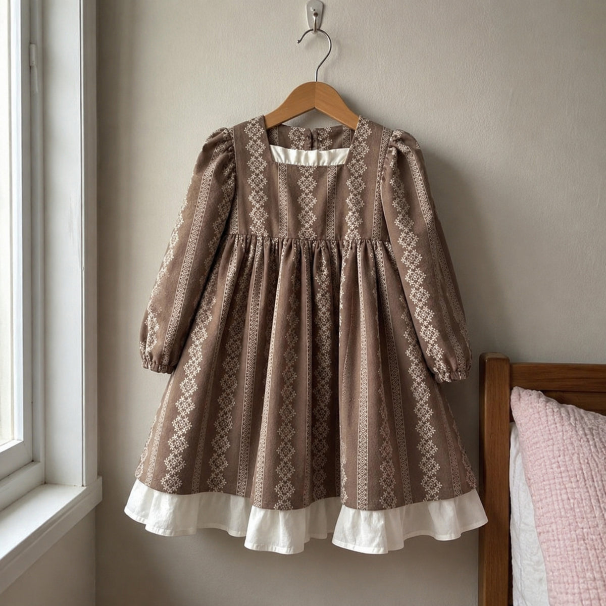 Girls taupe floral puff sleeve dress hanging naturally by a sunny bedroom window
