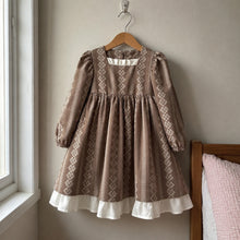 Girls Taupe Floral Puff Sleeve Dress with Square Neck and Ruffle Hem