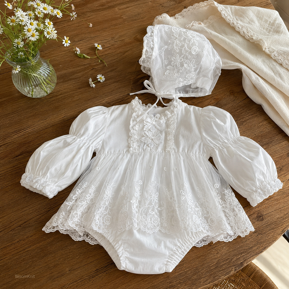 White Lace Baby Romper Dress, Long Sleeve Christening Outfit with Matching Bonnet