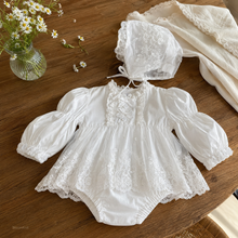 White Lace Baby Romper Dress, Long Sleeve Christening Outfit with Matching Bonnet