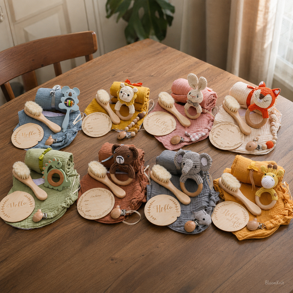 Newborn Baby Gift Box, Crochet Animal Rattle, Muslin Blanket, Pacifier Clip and Brush