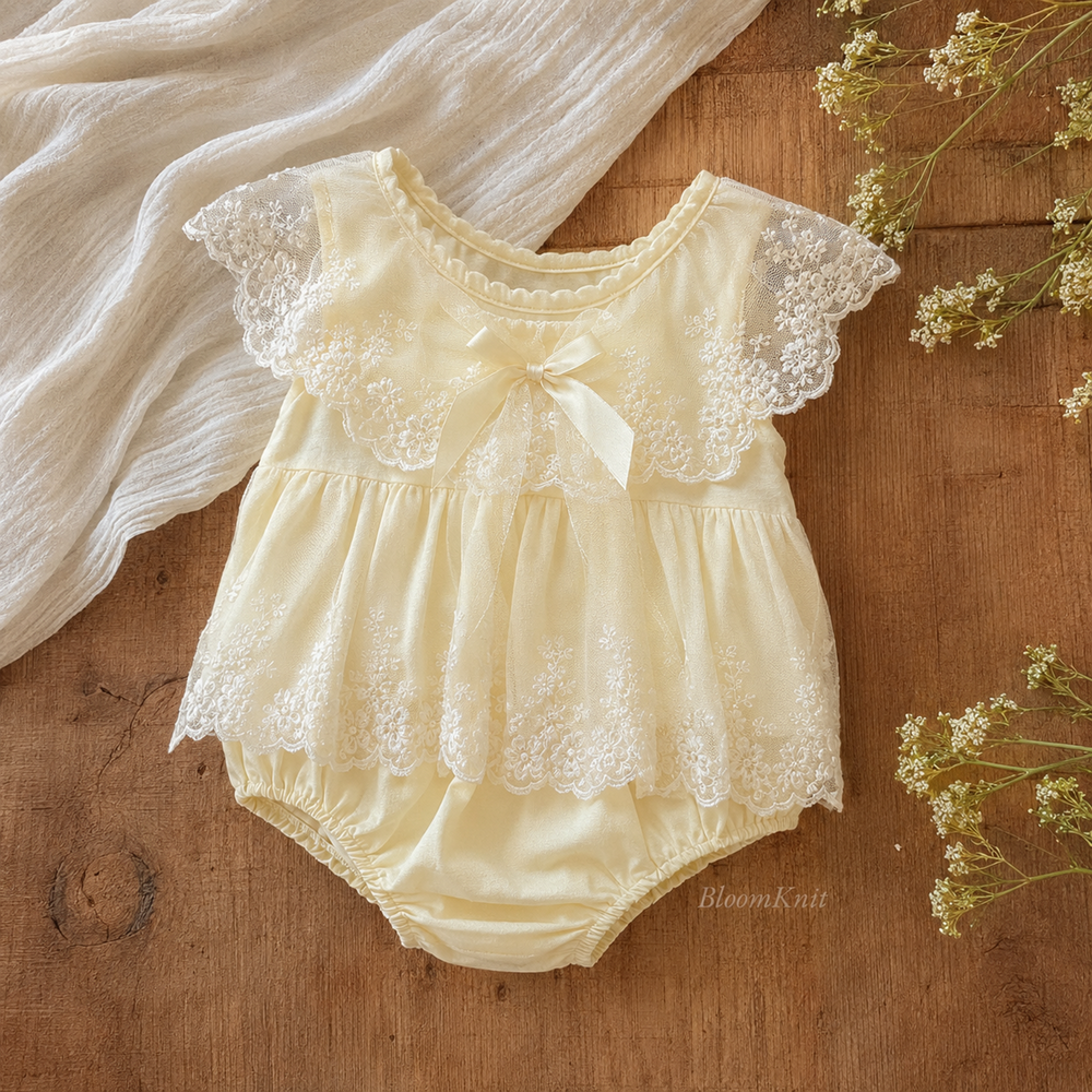 Ivory Lace Baby Romper Dress, Bow Collar Christening and First Birthday Outfit