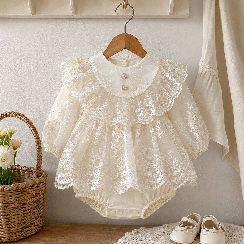 Ivory Lace Baby Romper Dress, Pearl Collar Christening and First Birthday Outfit