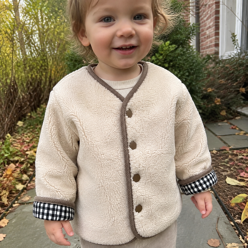 Toddler Reversible Sherpa Jacket, Ivory or Taupe Gingham Fleece Fall Coat