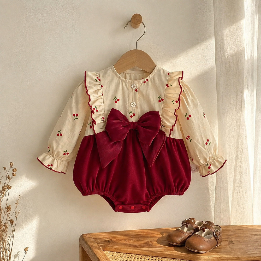 Baby Burgundy Velvet Romper with Cherry Print Top and Big Bow, Holiday Outfit