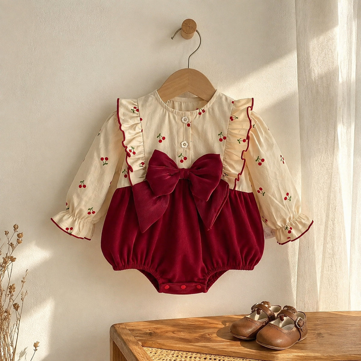 Baby burgundy velvet romper with cherry print long sleeves and large bow - hero product view