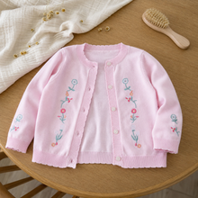 Pink Floral Embroidered Girls Cardigan, Lightweight Cotton Knit Toddler Sweater Gift
