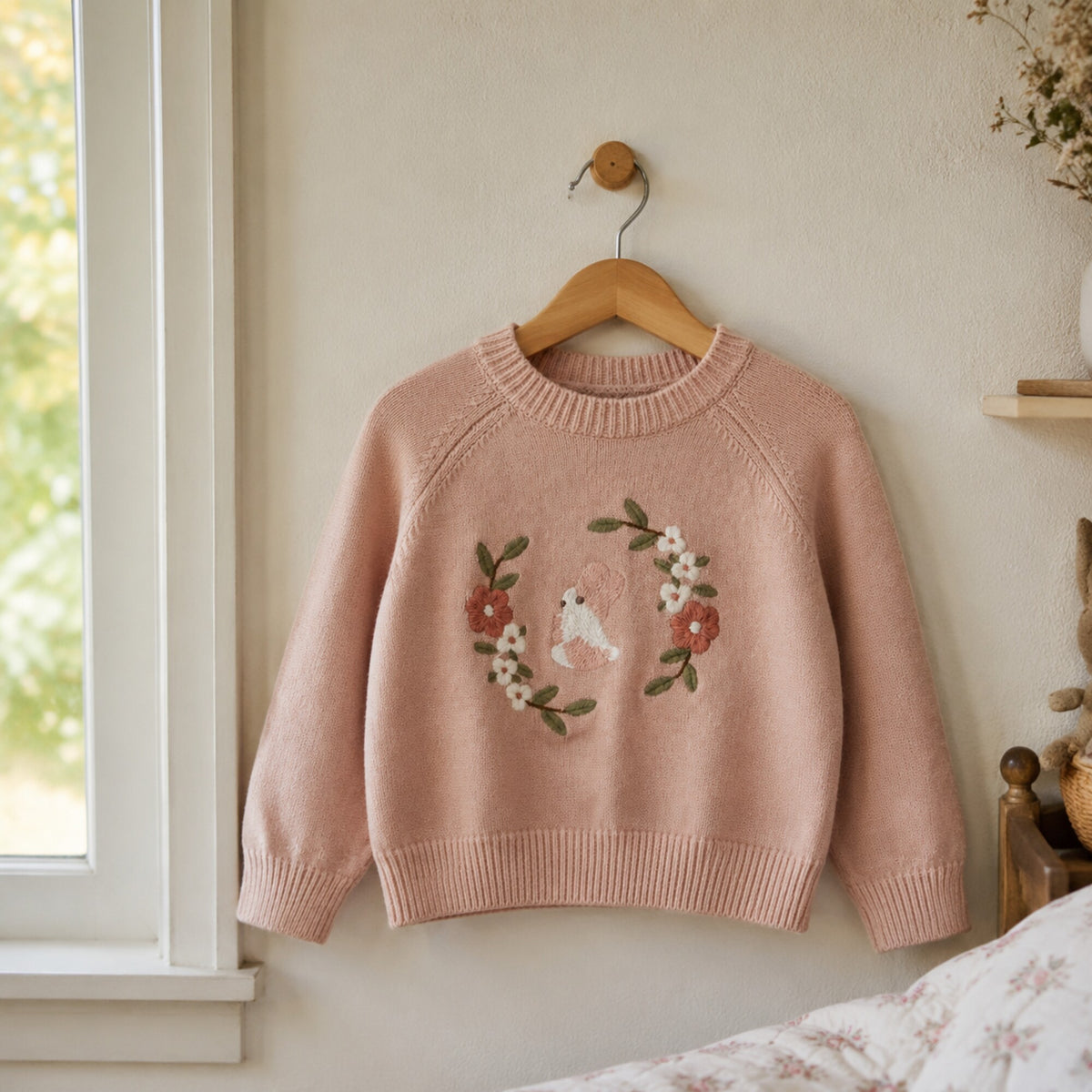 Dusty pink girls floral bunny embroidered knit sweater hanging naturally