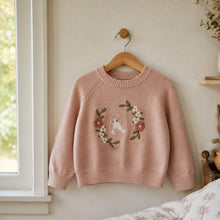 Girls Floral Bunny Embroidered Knit Sweater, Cream or Pink Fall Pullover
