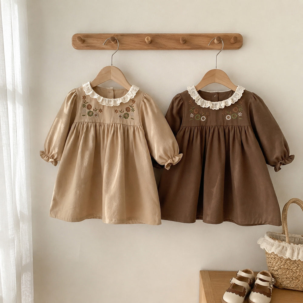 Girls Floral Peter Pan Collar Dress, Khaki or Brown Long Sleeve Fall Outfit