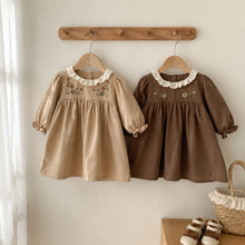 Girls Floral Peter Pan Collar Dress, Khaki or Brown Long Sleeve Fall Outfit