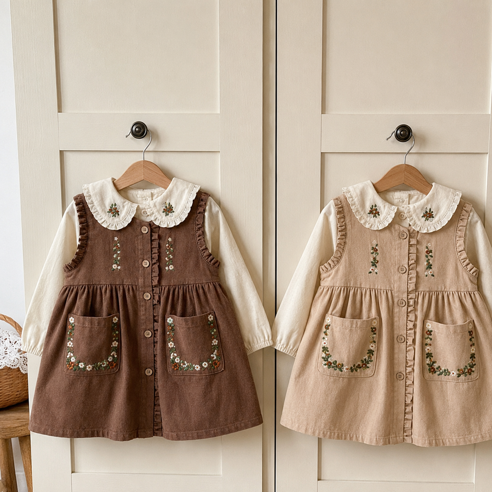 Girls Embroidered Pinafore Dress Set, Cottagecore Toddler Outfit with Peter Pan Collar Blouse
