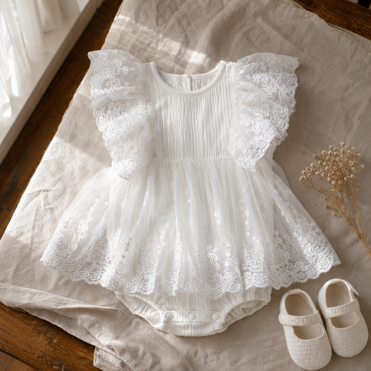 White lace baby romper dress styled on a natural linen table