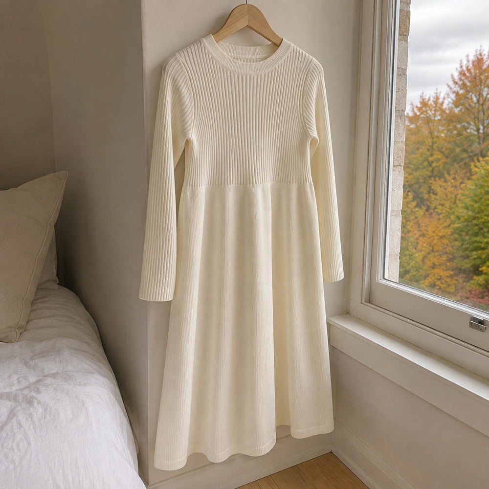 Girls Long-Sleeve Ribbed Knit Midi Dress, Cozy Neutral Fall Sweater Dress