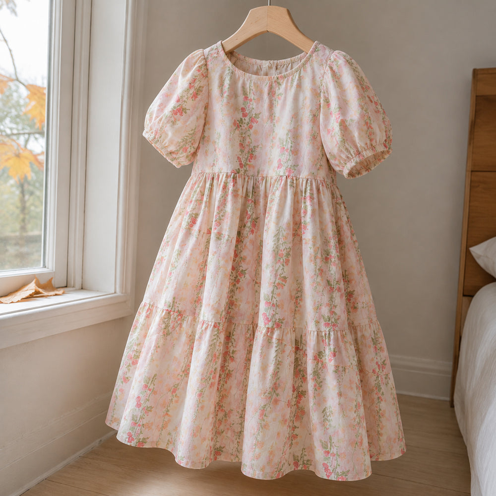 Girls Pink Rose Floral Puff Sleeve Midi Dress, Cottagecore Fall Princess Dress