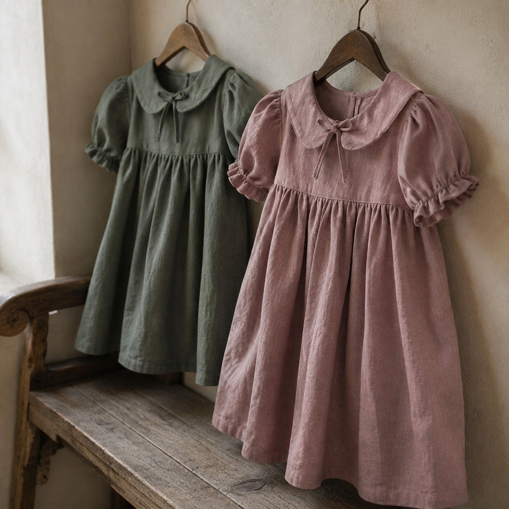 Girls Rustic Linen Peter Pan Collar Dress in Dusty Mauve or Gray Green, Fall Outfit