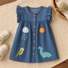 Girls Denim Dress with Ruffle Sleeves, Dinosaur and Weather Appliqué
