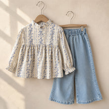 Girls Blue Floral Ruffle Blouse or Light Denim Bell Bottom Pants, Fall Separates