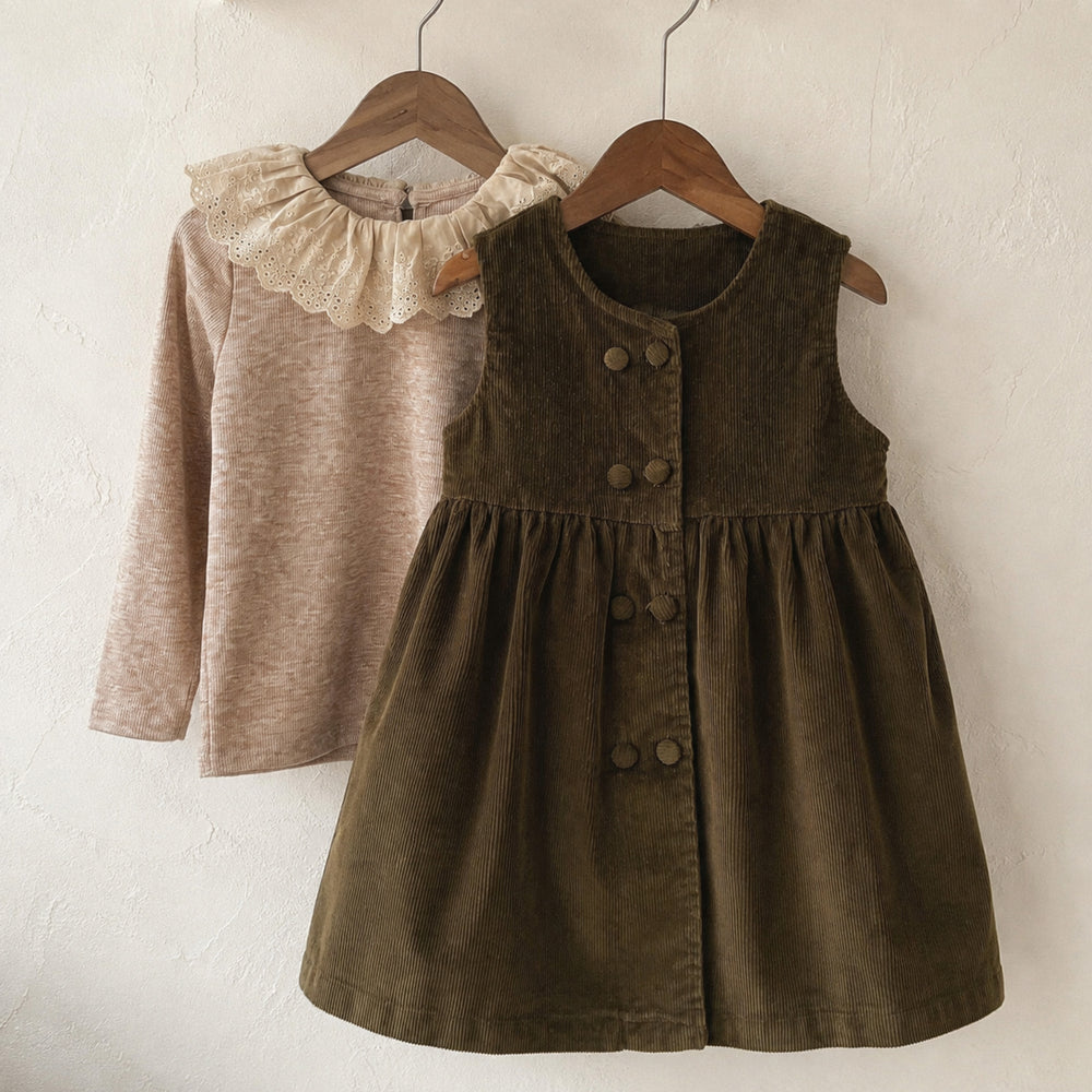 Girls Eyelet Lace Collar Top or Olive Brown Corduroy Pinafore Dress, Fall Separates