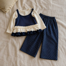 Girls Navy Ruffle Top an Polka Dot Wide-Leg Pants, 2-Piece Fall Set