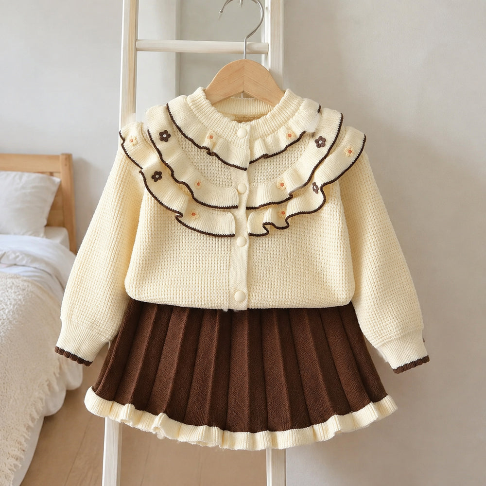 Girls Ruffle Flower Knit Cardigan and Pleated Skirt Set, 2-Piece Fall Outfit