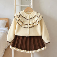 Girls Ruffle Flower Knit Cardigan and Pleated Skirt Set, 2-Piece Fall Outfit