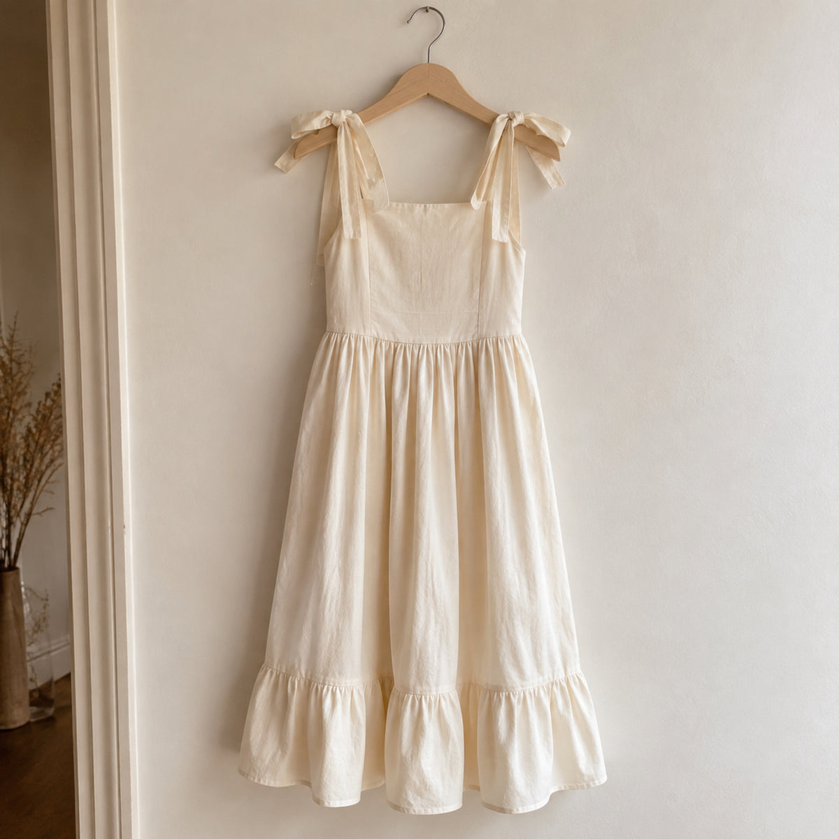 Ivory girls tie-shoulder maxi dress hanging naturally in a warm autumn bedroom