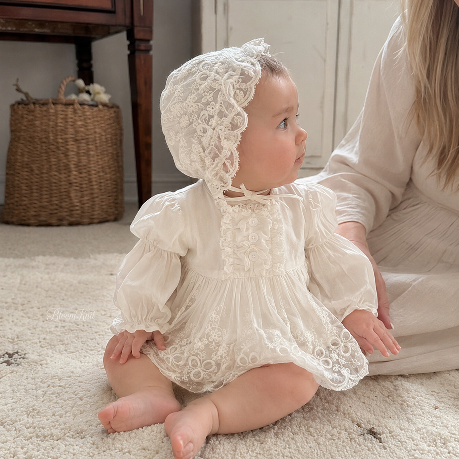 White Lace Baby Romper Dress, Long Sleeve Christening Outfit with Matching Bonnet – 02 baby bonnet