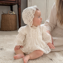 White Lace Baby Romper Dress, Long Sleeve Christening Outfit with Matching Bonnet