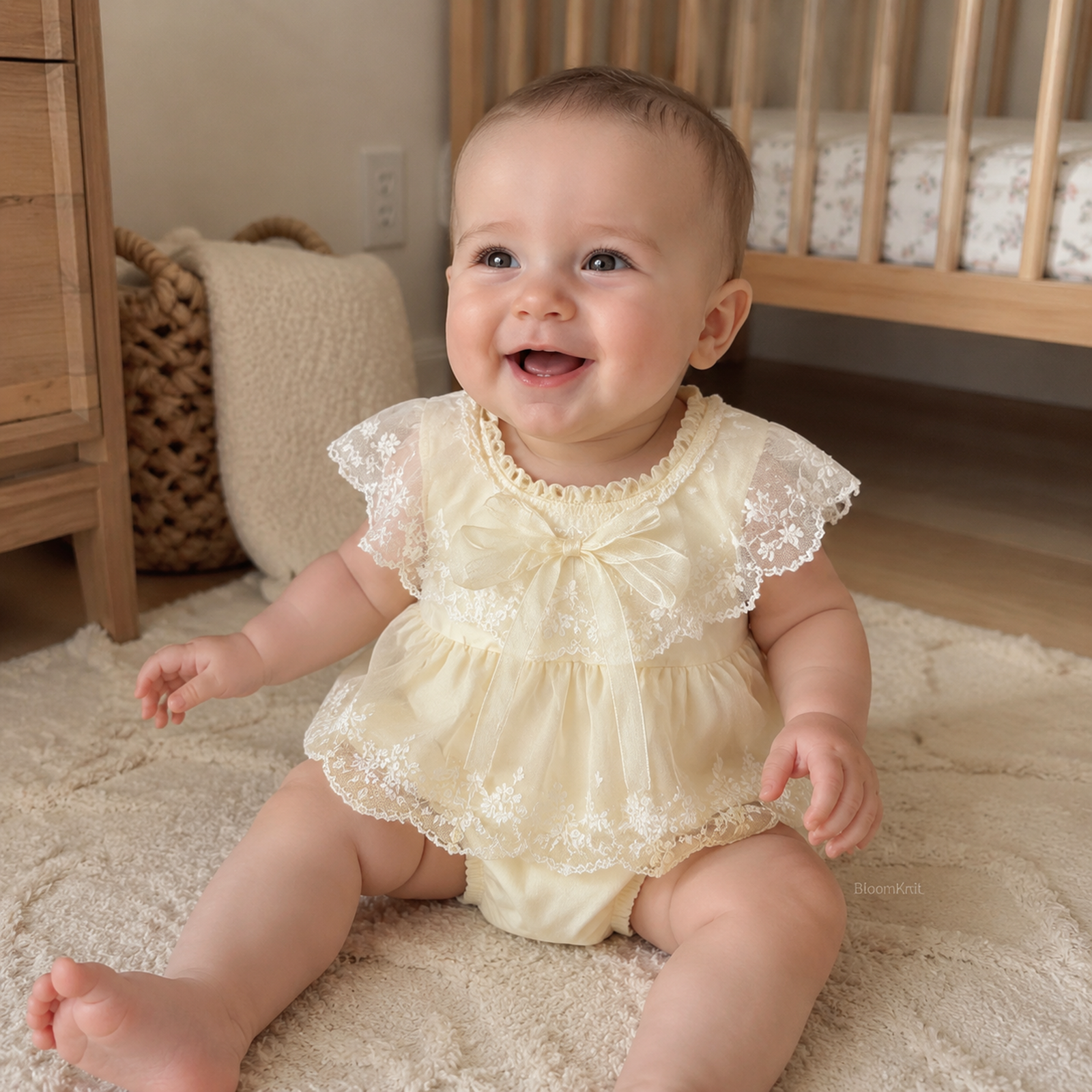 Ivory Lace Baby Romper Dress, Bow Collar Christening and First Birthday Outfit – 02 baby sitting