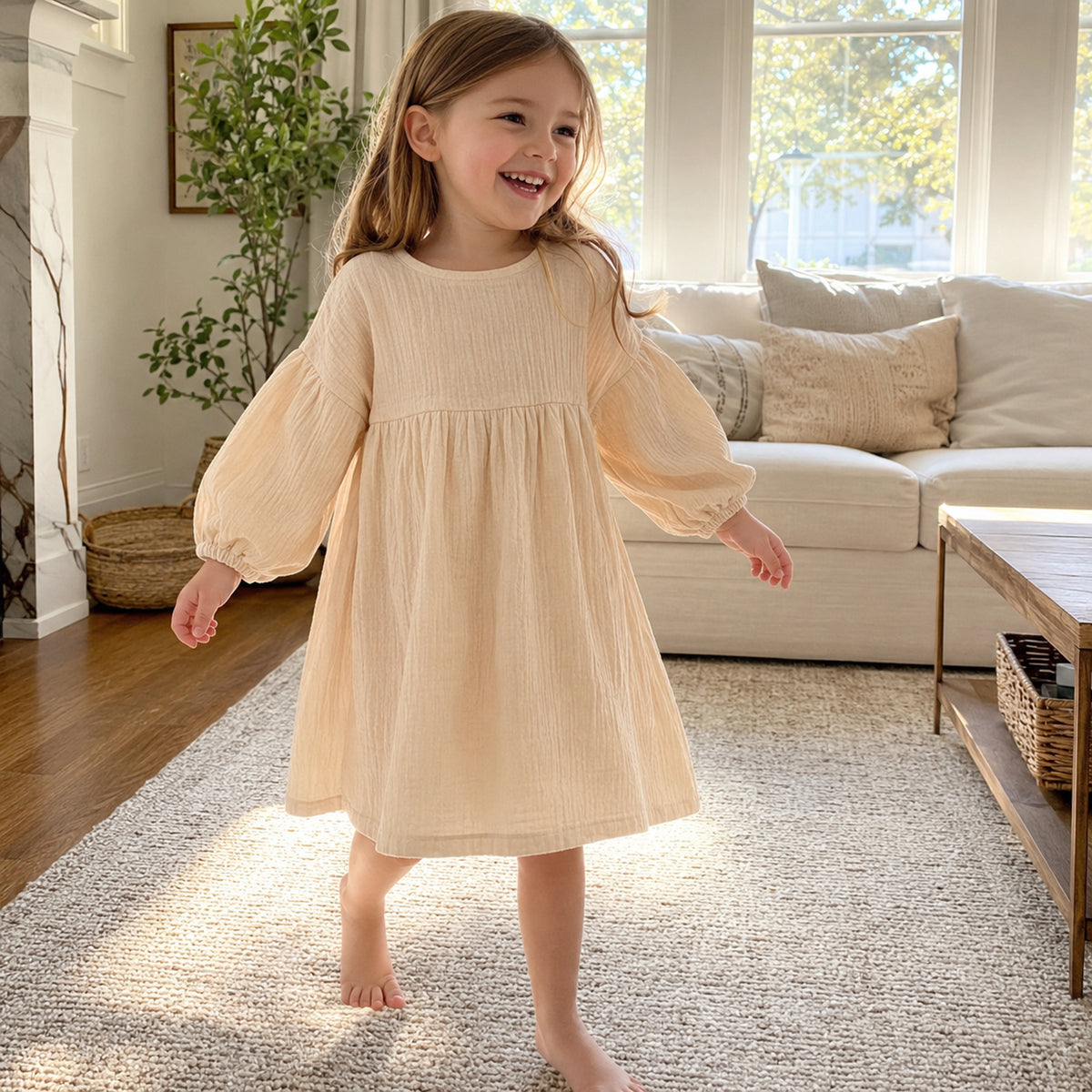 Beige balloon sleeve cotton linen dress for girls