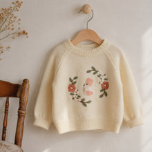 Girls Floral Bunny Embroidered Knit Sweater, Cream or Pink Fall Pullover