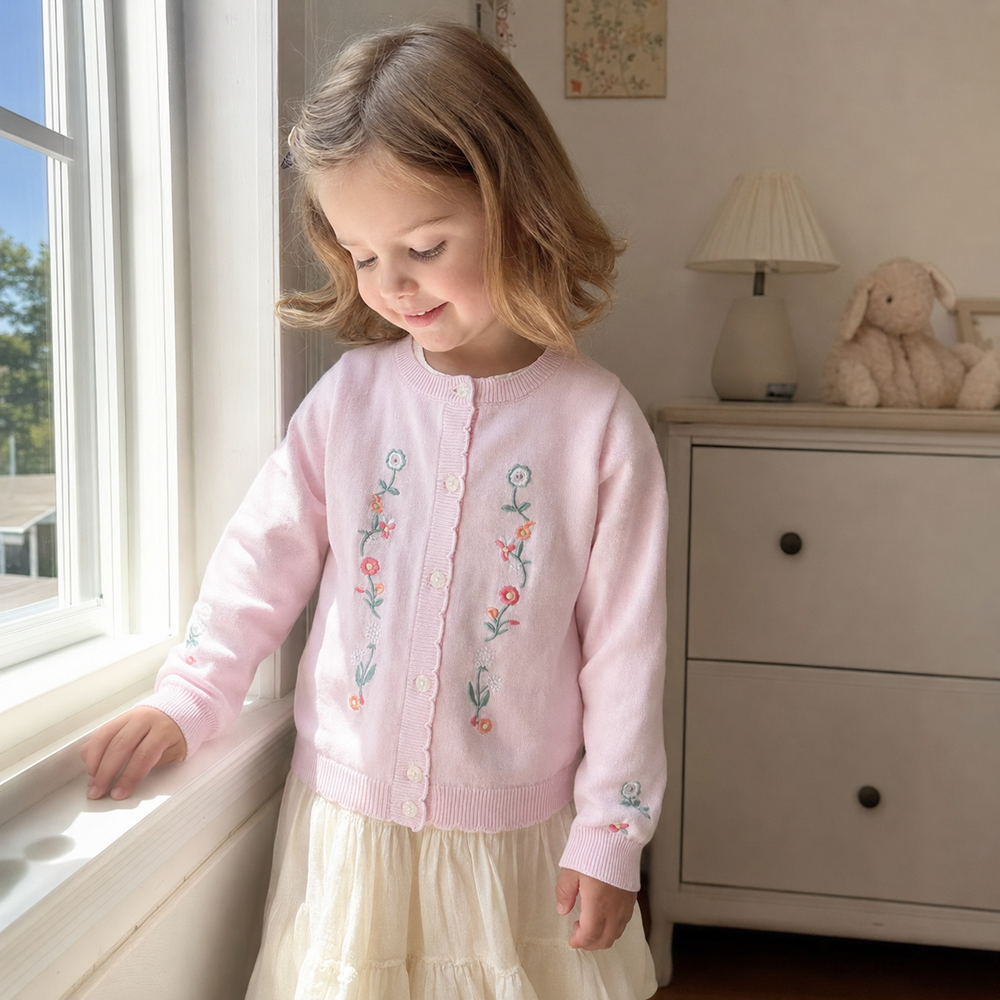 Pink Floral Embroidered Girls Cardigan, Lightweight Cotton Knit Toddler Sweater Gift