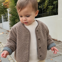 Toddler Reversible Sherpa Jacket, Ivory or Taupe Gingham Fleece Fall Coat