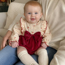 Baby Burgundy Velvet Romper with Cherry Print Top and Big Bow, Holiday Outfit