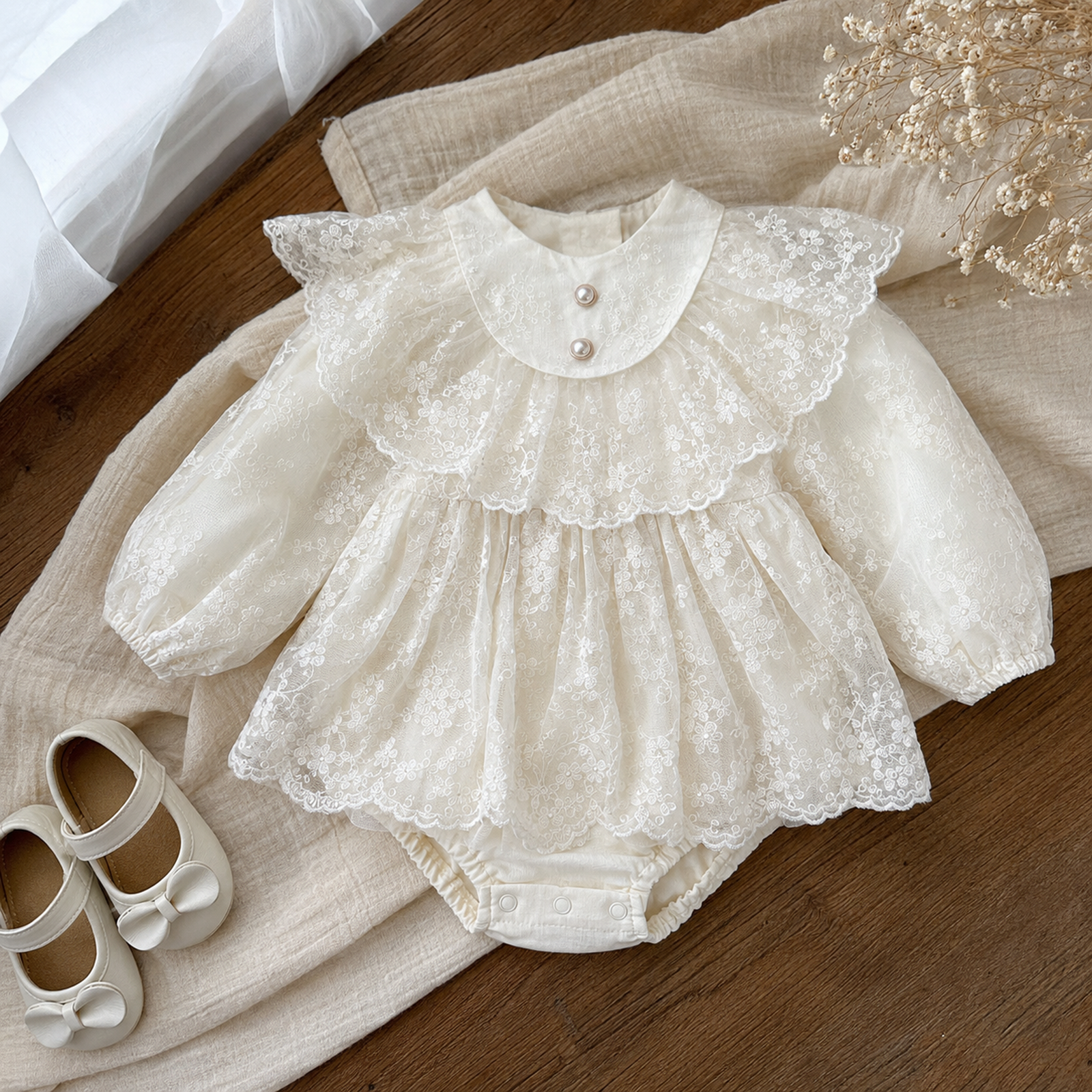 Ivory Lace Baby Romper Dress, Pearl Collar Christening and First Birthday Outfit – 02 natural flat lay